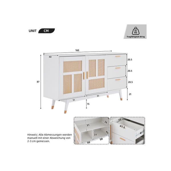 Dekorativ modern skåp i vitt rotting Multifunktionell förvaringsskåp med 2 dörrar i rotting och 3 lådor 160*40*87cm