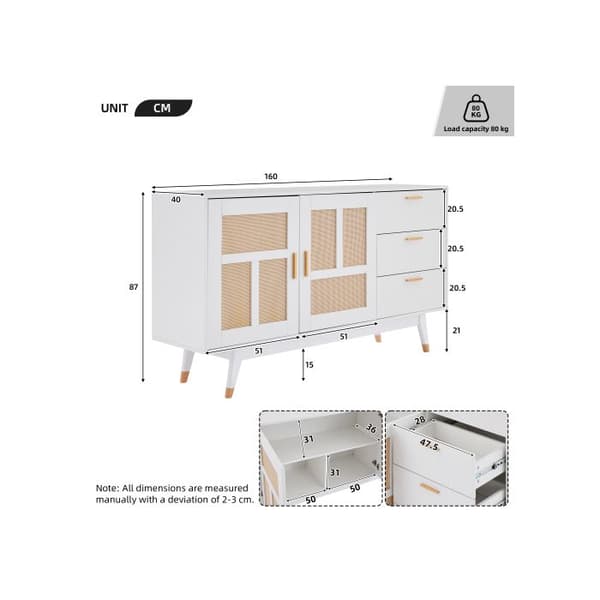 Dekorativ modern skåp i vitt rotting Multifunktionell förvaringsskåp med 2 dörrar i rotting och 3 lådor 160*40*87cm