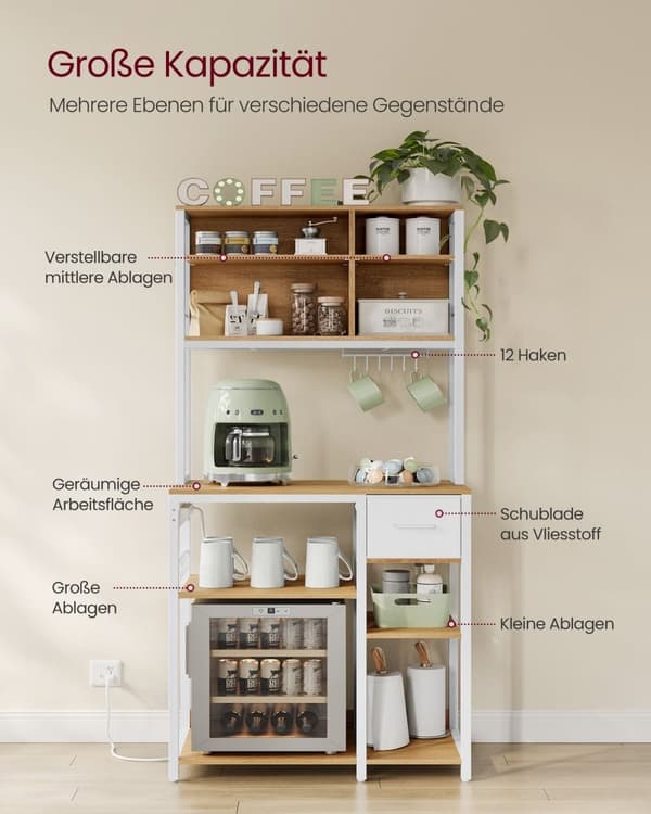 Rootz Kitchen Shelf - Storage Rack - Organiser - Space Saver - Wood Chipboard & Steel - 40 x 80 x 180,4 cm - Gold Oak & White Finish