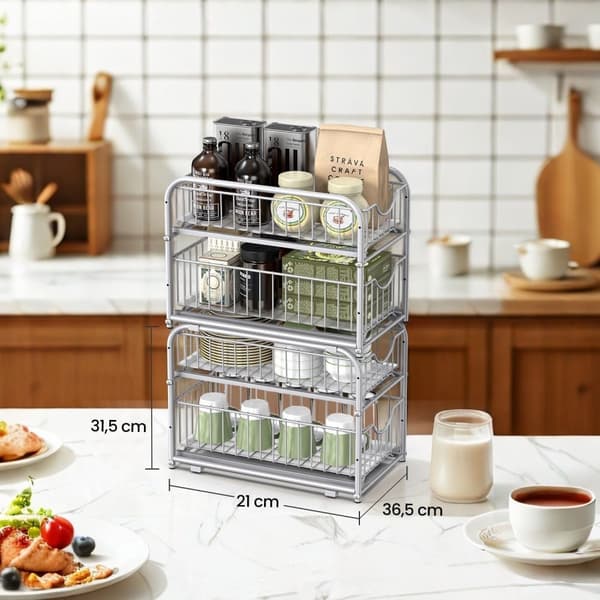 Rootz Kitchen Organizer Shelf - Kitchen Rack - Order System - Hållbart stål - 21x36.5x33.7 cm Stor korg - Silverfinish