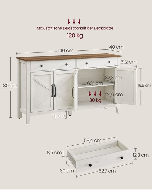 Rootz -keittiökaappi laatikoilla - sivupöytä - säilytysjärjestö - kestävä puu -MDF - 40 x 140 x 80 cm
