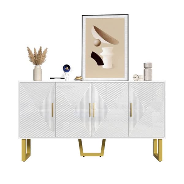 150 cm Modern lyxigt vitt buffé med glänsande texturerade dörrar och gyllene handtag, design med 4 dörrar