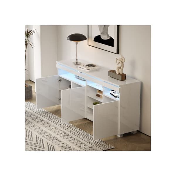 Buffé, elegant buffé med hyllor i glas och LED-belysning, tre stora förvaringsdörrar.