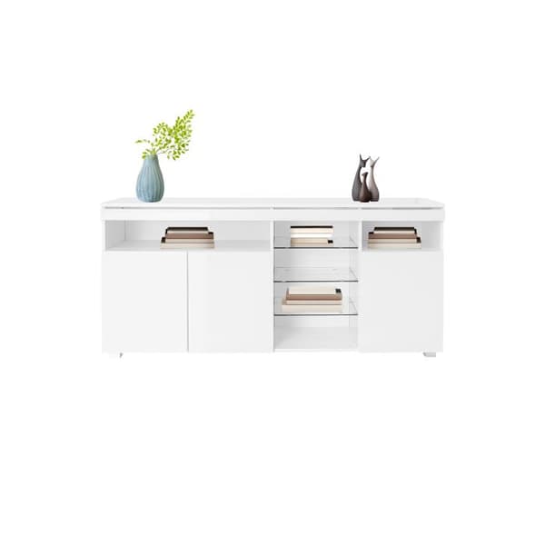 Buffé, elegant buffé med hyllor i glas och LED-belysning, tre stora förvaringsdörrar.