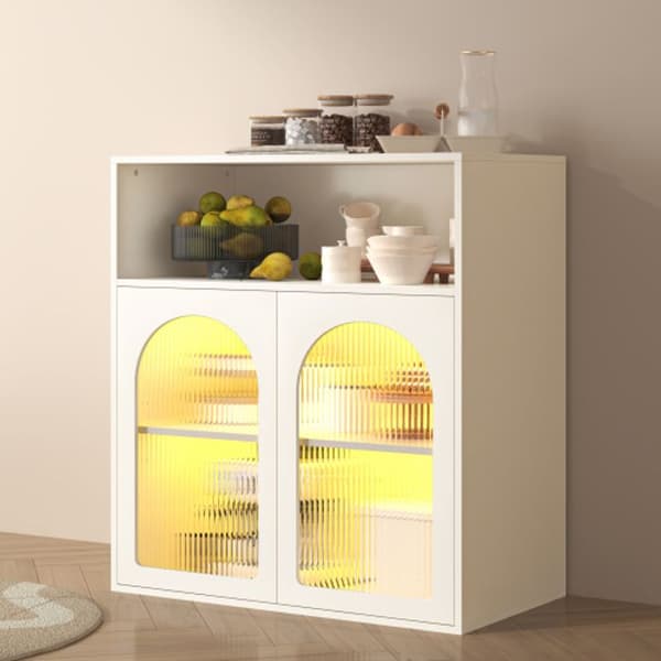Buffé, förvaringsmöbel med glasdörrar och LED-belysning, vit, 70 x 35 x 90 cm
