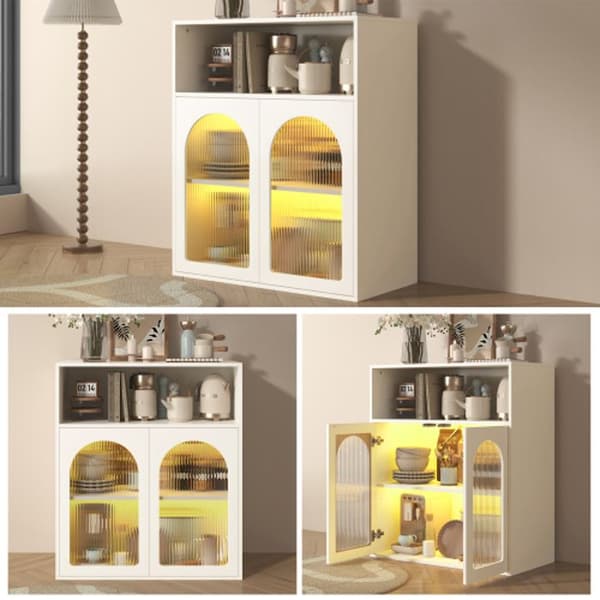 Buffé, förvaringsmöbel med glasdörrar och LED-belysning, vit, 70 x 35 x 90 cm