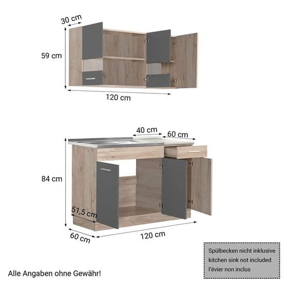 Køkkenbænk 120 Cm med skab - Grå