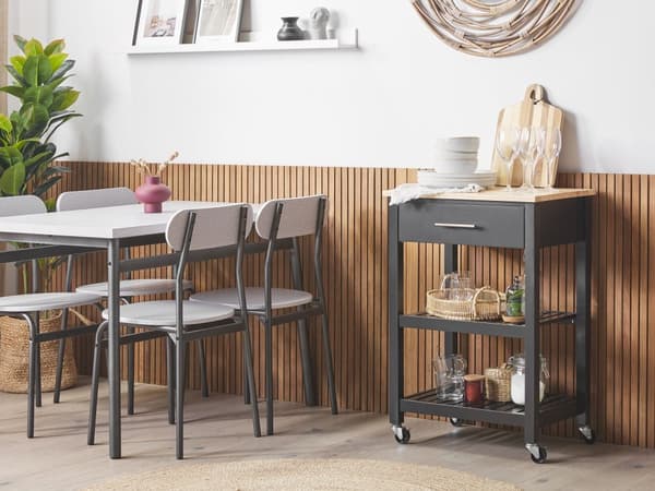 Rullebord Sort Gummitræ MDF 58 x 40 x 85 cm Skuffe 2 Hylder Stue Køkken