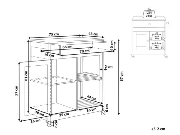 Hvid MDF køkkenvogn naturgummi træ 75 x 43 x 87 cm stang på hjul med skab og 2 skuffer