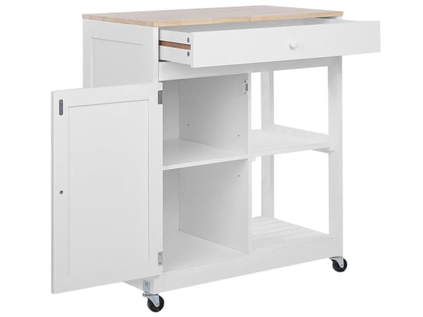 Hvid MDF køkkenvogn naturgummi træ 75 x 43 x 87 cm stang på hjul med skab og 2 skuffer