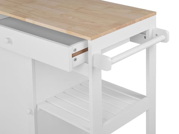 Hvid MDF køkkenvogn naturgummi træ 75 x 43 x 87 cm stang på hjul med skab og 2 skuffer