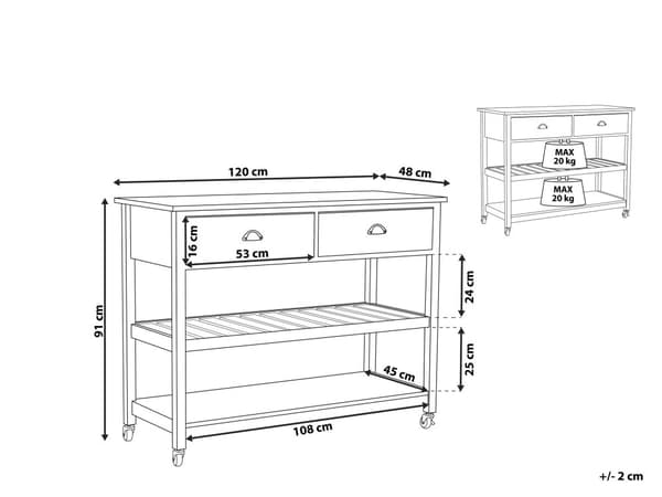 Hvid Køkkenvogn med Træplade 120 x 48 x 91 cm Skab på Hjul med 2 skuffer Moderne Stil