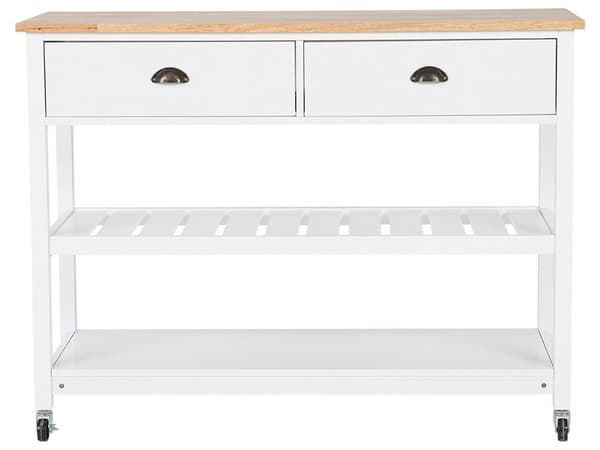Hvid Køkkenvogn med Træplade 120 x 48 x 91 cm Skab på Hjul med 2 skuffer Moderne Stil