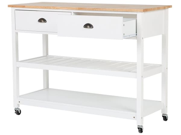 Hvid Køkkenvogn med Træplade 120 x 48 x 91 cm Skab på Hjul med 2 skuffer Moderne Stil