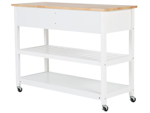Hvid Køkkenvogn med Træplade 120 x 48 x 91 cm Skab på Hjul med 2 skuffer Moderne Stil