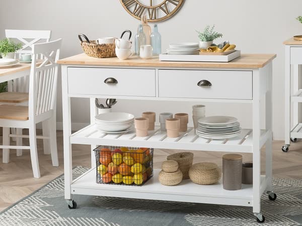 Hvid Køkkenvogn med Træplade 120 x 48 x 91 cm Skab på Hjul med 2 skuffer Moderne Stil