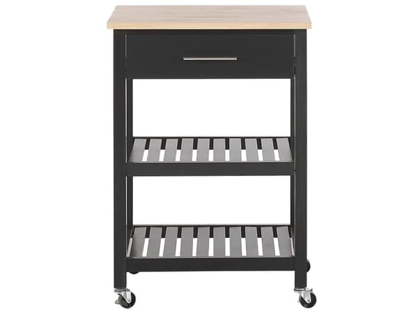 Tarjoiluvaunu musta MDF-levy kumipuu 58 x 40 x 85 cm 2 hyllyllä laatikolla pyörät moderni perinteinen