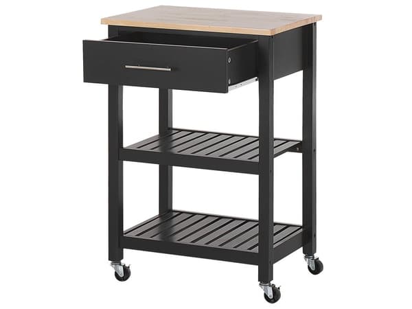 Tarjoiluvaunu musta MDF-levy kumipuu 58 x 40 x 85 cm 2 hyllyllä laatikolla pyörät moderni perinteinen