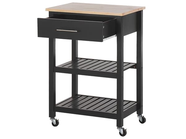 Tarjoiluvaunu musta MDF-levy kumipuu 58 x 40 x 85 cm 2 hyllyllä laatikolla pyörät moderni perinteinen