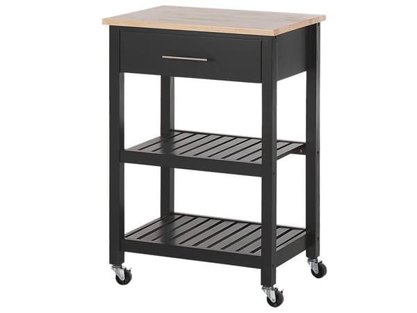 Tarjoiluvaunu musta MDF-levy kumipuu 58 x 40 x 85 cm 2 hyllyllä laatikolla pyörät moderni perinteinen