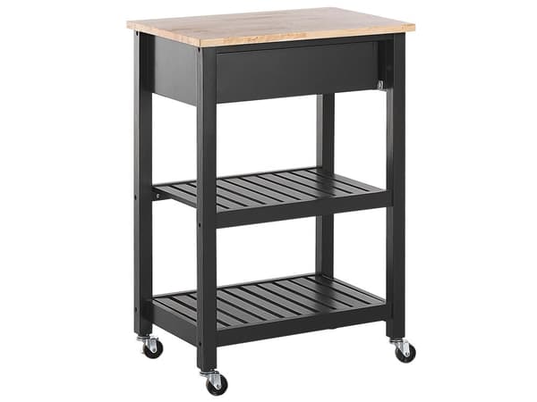 Tarjoiluvaunu musta MDF-levy kumipuu 58 x 40 x 85 cm 2 hyllyllä laatikolla pyörät moderni perinteinen