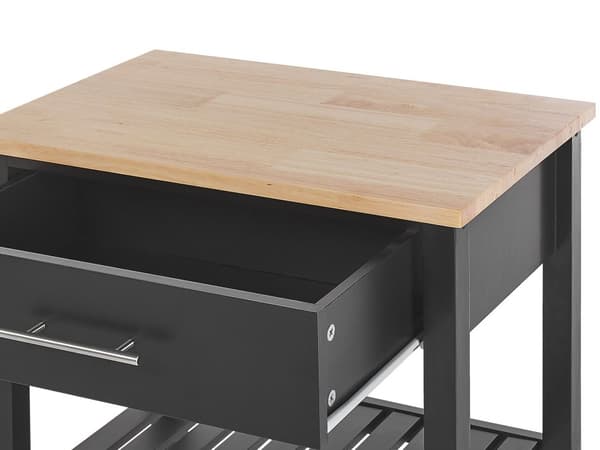 Tarjoiluvaunu musta MDF-levy kumipuu 58 x 40 x 85 cm 2 hyllyllä laatikolla pyörät moderni perinteinen