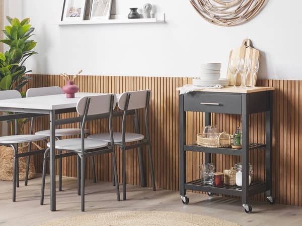 Tarjoiluvaunu musta MDF-levy kumipuu 58 x 40 x 85 cm 2 hyllyllä laatikolla pyörät moderni perinteinen