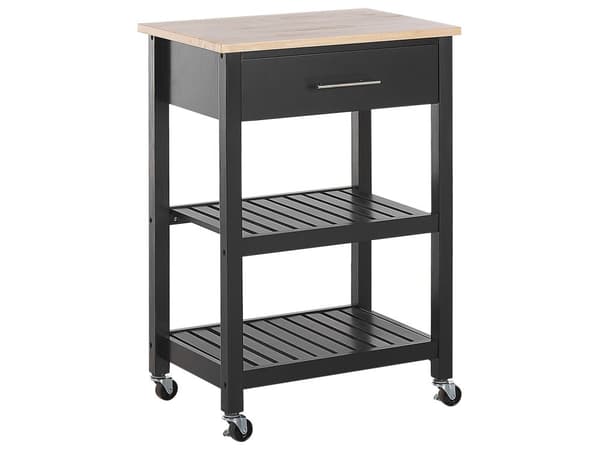 Tarjoiluvaunu musta MDF-levy kumipuu 58 x 40 x 85 cm 2 hyllyllä laatikolla pyörät moderni perinteinen