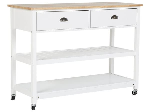 Tarjoiluvaunu valkoinen MDF-levy puu 120 x 48 x 91 cm laatikoilla hyllyillä pyörillä rustiikkinen