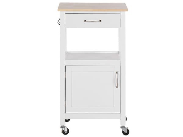 Tarjoiluvaunu valkoinen MDF-levy vaalea kumipuu 48 x 39 x 89 cm laatikolla kaapilla koukuilla perinteinen tyyli