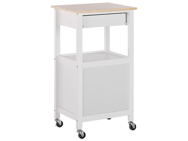 Tarjoiluvaunu valkoinen MDF-levy vaalea kumipuu 48 x 39 x 89 cm laatikolla kaapilla koukuilla perinteinen tyyli