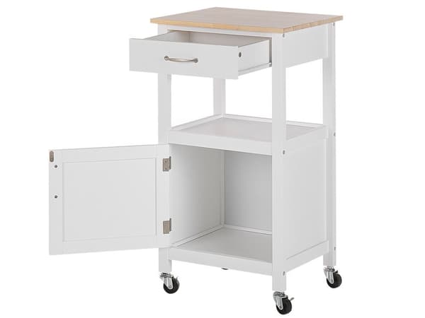 Tarjoiluvaunu valkoinen MDF-levy vaalea kumipuu 48 x 39 x 89 cm laatikolla kaapilla koukuilla perinteinen tyyli