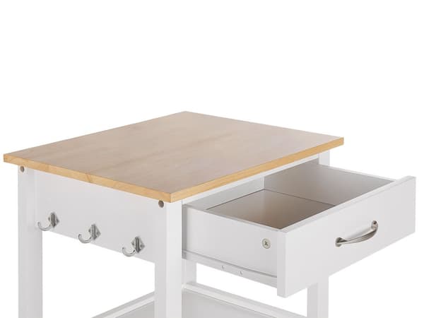 Tarjoiluvaunu valkoinen MDF-levy vaalea kumipuu 48 x 39 x 89 cm laatikolla kaapilla koukuilla perinteinen tyyli