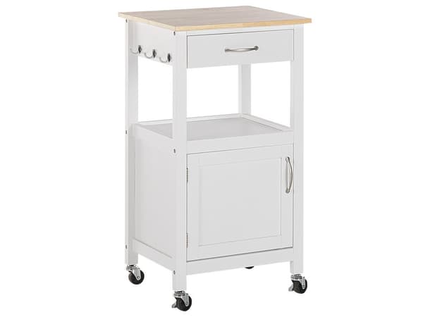 Tarjoiluvaunu valkoinen MDF-levy vaalea kumipuu 48 x 39 x 89 cm laatikolla kaapilla koukuilla perinteinen tyyli