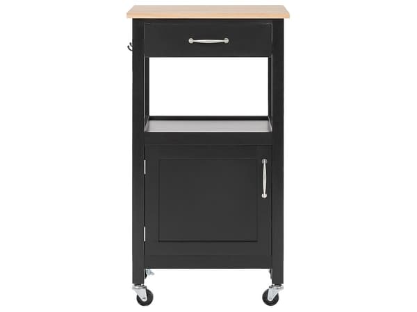 Tarjoiluvaunu musta MDF-levy vaalea kumipuu 48 x 39 x 89 cm laatikolla kaapilla koukuilla perinteinen tyyli