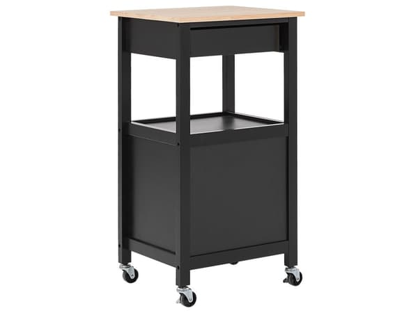 Tarjoiluvaunu musta MDF-levy vaalea kumipuu 48 x 39 x 89 cm laatikolla kaapilla koukuilla perinteinen tyyli
