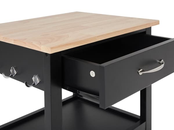 Tarjoiluvaunu musta MDF-levy vaalea kumipuu 48 x 39 x 89 cm laatikolla kaapilla koukuilla perinteinen tyyli