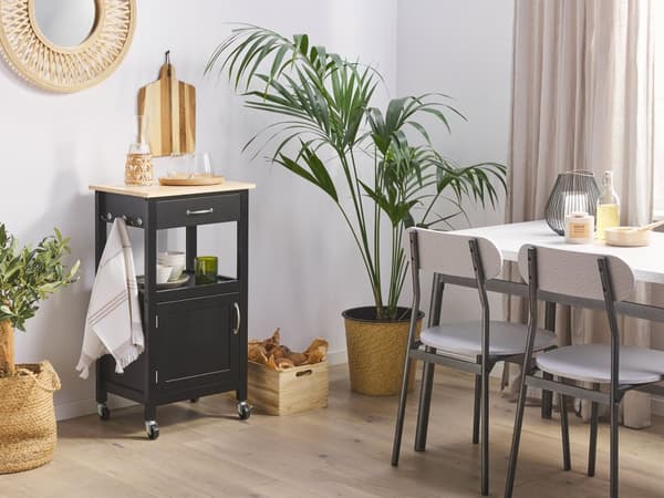 Tarjoiluvaunu musta MDF-levy vaalea kumipuu 48 x 39 x 89 cm laatikolla kaapilla koukuilla perinteinen tyyli