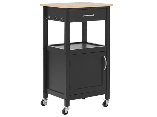 Tarjoiluvaunu musta MDF-levy vaalea kumipuu 48 x 39 x 89 cm laatikolla kaapilla koukuilla perinteinen tyyli