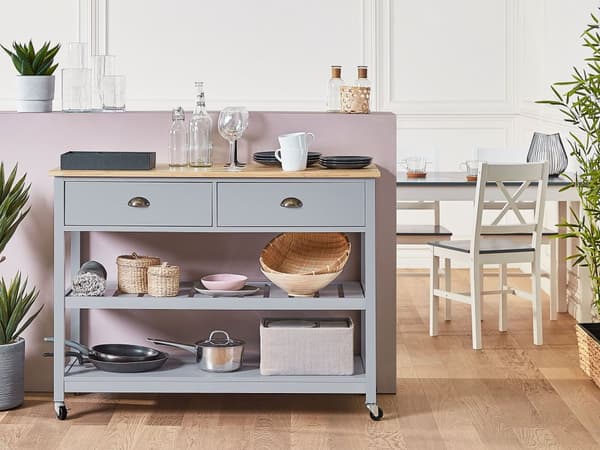Rullebord Grå Lyst Træ Top 2 Hylder 2 Bestikskuffer Hjul Skandinavisk Moderne Stil