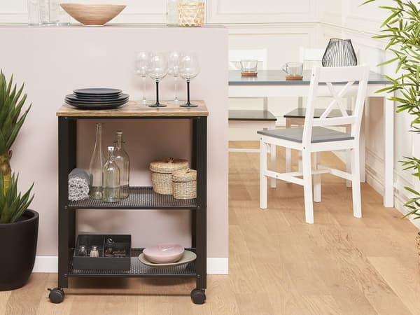 Tarjoiluvaunu tumma mänty puu/musta 40L x 50W x 86H cm 3 laatikkoa industriaalinen tyyli