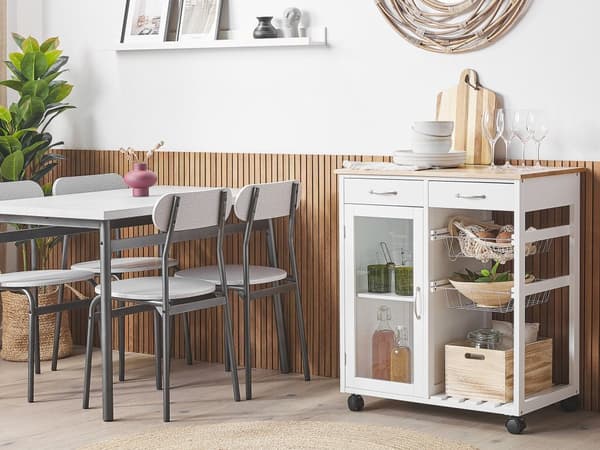 Serveringsvogn Lyst Træ MDF Hvid Metal 76 x 48 x 88 cm Køkkenvogn Skuffer Opbevaring Skab Hylder Hjul Stue Køkken Indretning Tilbehør