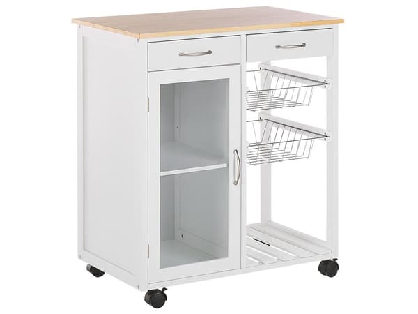 Serveringsvogn Lyst Træ MDF Hvid Metal 76 x 48 x 88 cm Køkkenvogn Skuffer Opbevaring Skab Hylder Hjul Stue Køkken Indretning Tilbehør