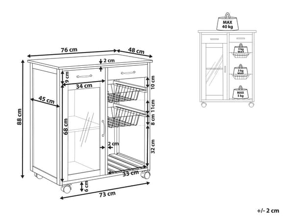 Serveringsvogn Lyst Træ MDF Sort Metal 76 x 48 x 88 cm Køkkenvogn Skuffer Opbevaring Skab Hylder Hjul Stue Køkken Indretning Tilbehør