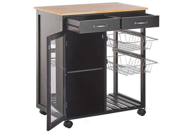 Serveringsvogn Lyst Træ MDF Sort Metal 76 x 48 x 88 cm Køkkenvogn Skuffer Opbevaring Skab Hylder Hjul Stue Køkken Indretning Tilbehør