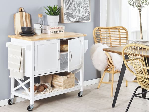 Køkkenvogn Hvid Lyst Træ MDF 102 x 44 x 90 cm Dekorativ Serveringsvogn på Hjul Skab Hylde Opbevaring Skandinavisk Retro Køkkenø Design