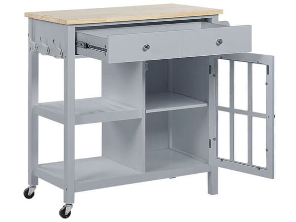 Køkkenvogn Grå Lyst Træ med Glas 80 x 43 x 88 cm Serveringsvogn på Hjul med Hylder Skuffer Skandinavisk Design til Spisestue Tilbehør Dekor