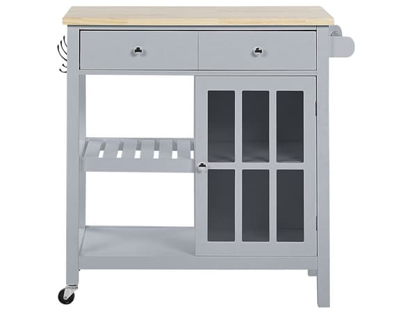 Køkkenvogn Grå Lyst Træ med Glas 80 x 43 x 88 cm Serveringsvogn på Hjul med Hylder Skuffer Skandinavisk Design til Spisestue Tilbehør Dekor