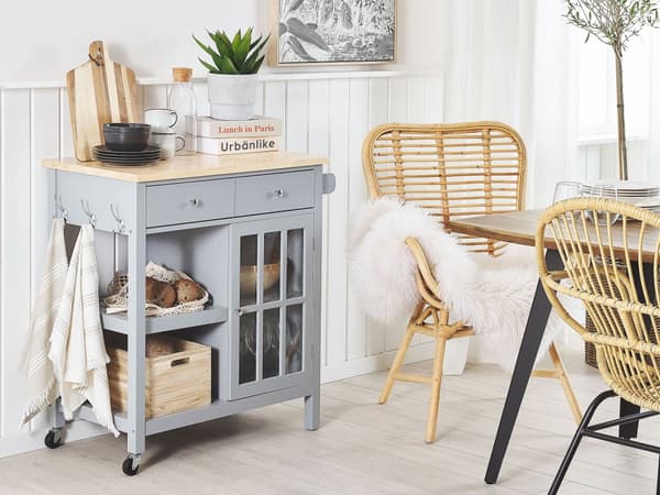Køkkenvogn Grå Lyst Træ med Glas 80 x 43 x 88 cm Serveringsvogn på Hjul med Hylder Skuffer Skandinavisk Design til Spisestue Tilbehør Dekor