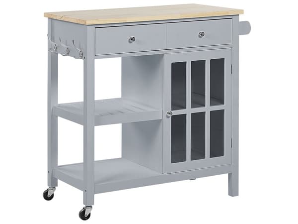 Køkkenvogn Grå Lyst Træ med Glas 80 x 43 x 88 cm Serveringsvogn på Hjul med Hylder Skuffer Skandinavisk Design til Spisestue Tilbehør Dekor